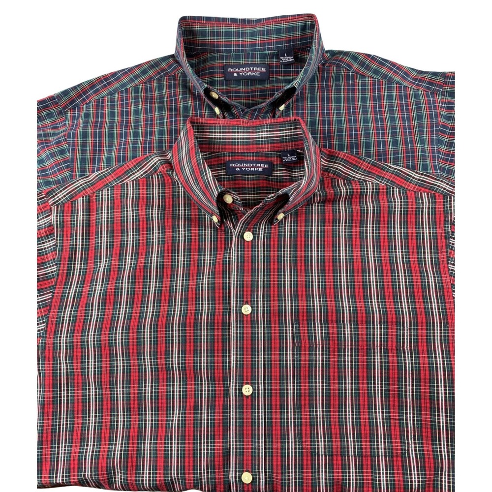 Roundtree & Yorke Mens Plaid Button Down Shirts‎ Cotton Large L (Set of 2)